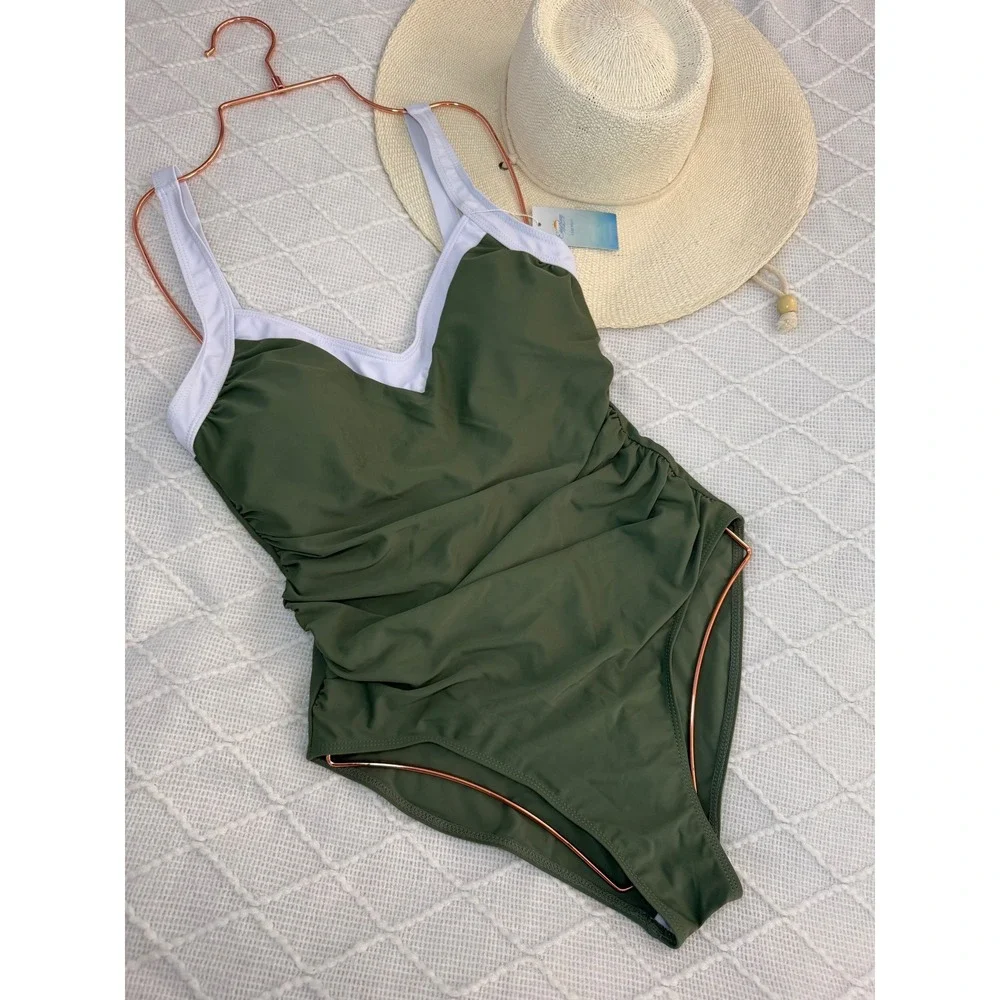 Eagerbuy Ruched One Piece Swimsuit‎ Criss Cross Back V Neck Bathing Suit Olive